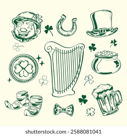 A festive hand-drawn St. Patrick's Day icon set featuring shamrocks, a leprechaun hat, green beer, and more. Ideal for designers, creatives, and businesses needing holiday-themed graphics.