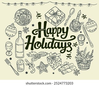 Festive hand-drawn vector illustration with holiday elements including gifts, candles, ornaments, food, and Happy Holidays text. Perfect for greeting cards, seasonal designs, and winter celebrations.