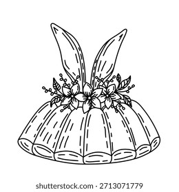 A festive hand-drawn vector illustration of a large cake topped with bunny ears and a floral arrangement. The design is clean and whimsical, perfect for Easter-themed printables, stickers, and cards.