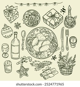 Ilustrações vetor desenhadas à mão festivas com elementos de férias, incluindo presentes, velas, ornamentos, comida. Perfeito para cartões de felicitações, projetos sazonais e celebrações de inverno. Jantar festivo.