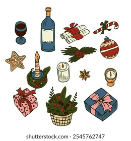 Festive hand-drawn vector illustrations set with holiday elements including gifts, candles, ornaments, food. Perfect for greeting cards, seasonal designs, and winter celebrations. Festive dinner.