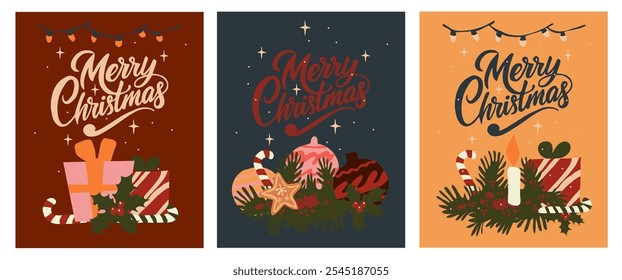 Festive hand-drawn vector set of cards with holiday elements including gifts, candles, ornaments and Happy Holidays text. Perfect for greeting cards, seasonal designs, and winter celebrations.