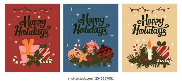 Festive hand-drawn vector set of cards with holiday elements including gifts, candles, ornaments and Happy Holidays text. Perfect for greeting cards, seasonal designs, and winter celebrations.