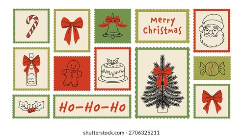A festive hand-drawn winter holiday post stamps in doodle sketch style, Christmas and New Year postal elements. A charming vector set for postcards, mail art, letters, and festive scrapbook designs.