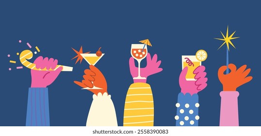 Festive Hands Holding Drinks and Party Items with Bold Colors and Playful Illustrations