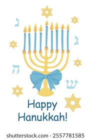 Festive Hanukkah illustration with menorah and lit candles, blue bow, Star of David symbols, and Hebrew letters, with Happy Hanukkah text below in cheerful design. Vector greeting or banner