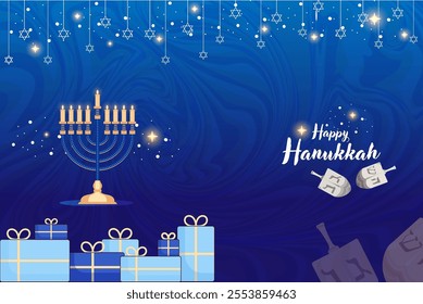 A festive Hanukkah image with a menorah, dreidels, gifts, and stars