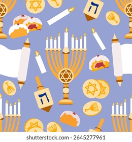 Festivo Hanukah padrão sem emenda com menorás, dreidels, donuts geleia, velas, pergaminhos Torá, e símbolos judaicos tradicionais no fundo roxo