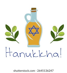 Festive Hanukkah vector illustration featuring a glass bottle of olive oil, adorned with the Star of David, flanked by olive branches, perfect for holiday cards and invitations.
