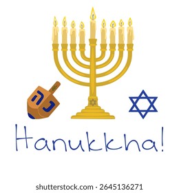 Festive Hanukkah vector illustration featuring a menorah with lit candles, a dreidel, and a Star of David, perfect for holiday cards and decorations.