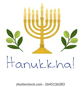 Festive Hanukkah vector illustration featuring a menorah with nine burning candles, adorned with olive branches, perfect for holiday cards and invitations.