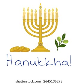 Festive Hanukkah vector illustration featuring a menorah with lit candles, traditional coins, and an olive branch, perfect for holiday cards or invitations.
