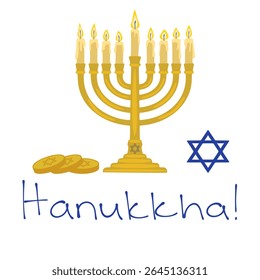 Ilustração festiva do vetor de Chanucá com uma menorá, velas queimadas, moedas de gelt e uma Estrela de Davi, perfeita para saudações e desenhos de festas.