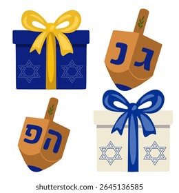 Festive Hanukkah Vector Illustration: Gift Boxes with Star of David and Dreidels, a vibrant design perfect for holiday cards and decorations.