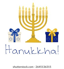 Festive Hanukkah Vector Illustration: Menorah with Burning Candles and Gift Boxes Decorated with Star of David.