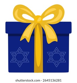 Festive Hanukkah vector illustration of a navy blue gift box adorned with a large yellow bow and subtle Star of David details, perfect for holiday greetings.