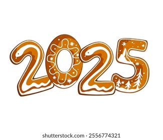 Festive Happy 2025 New Year gingerbread cookies with icing. Isolated vector illustration