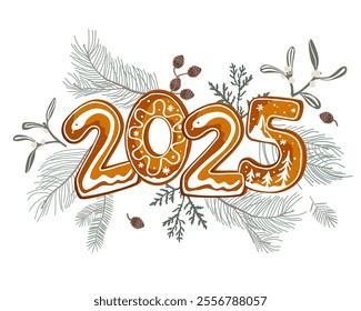 Festive Happy 2025 New Year gingerbread cookies with floral frame decoration. Isolated vector illustration