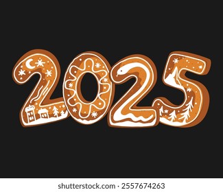 Festive Happy 2025 New Year gingerbread cookies with icing. Isolated vector illustration