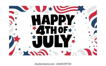 A festive "Happy 4th of July" banner adorned with patriotic American colors of red, white, and blue, featuring stars and wavy flag elements for a celebratory feel.