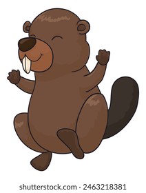 Festive and happy beaver celebrating with hands high in cartoon style and white background.