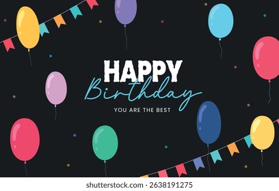 Festive happy birthday background with colorful balloons, confetti, and bunting flags on black. Perfect for greeting cards, invitations, party banners, or social media posts.

