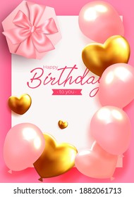 Festive Happy Birthday background with helium balloons, gifts, 3d geometric objects. Celebrate poster, banner anniversary. Copy space for text. Vector ballon, pink color. Social media story template.