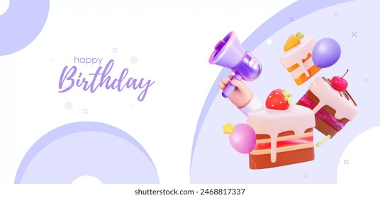 Festive "Happy Birthday" banner with 3D illustrations of cake, gifts, and balloons in a pastel purple color scheme.