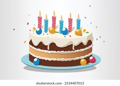 Festive Happy Birthday Cake Vector Illustration with Lit Candles and Colorful Confetti