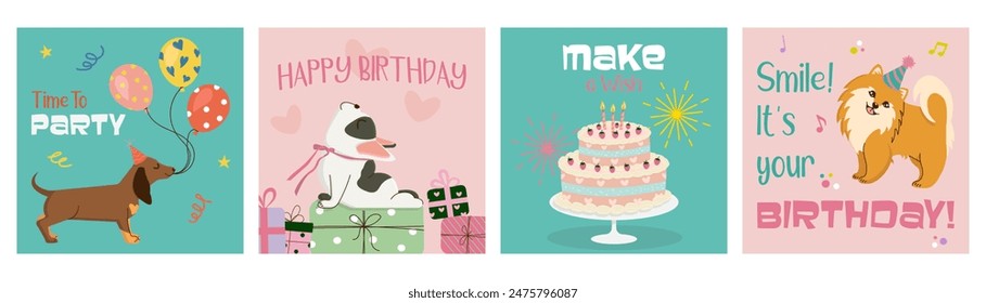 Festive Happy Birthday cards in retro cartoon style. Cute cheerful hand-drawn dogs in hats with cake, presents and balloons. Bright vector templates for invitations, greeting cards, posters.