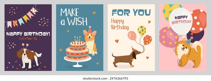 Festive Happy Birthday greeting cards or invitations in cartoon style. Cute hand-drawn dogs in hats with cake and balloons. Bright vector templates for party, event.