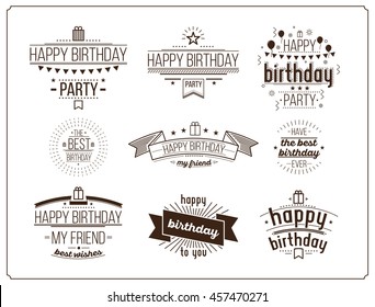 Festive Happy Birthday Monochrome Set. Modern Retro Popular Design Style Collection. Vintage Images 20 60s Old-fashioned Packaging, Posters, Stamps, Signs. Script, Sans Serif Fonts Typography