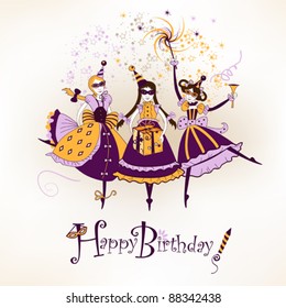 Festive happy birthday postcard with funny girl characters.