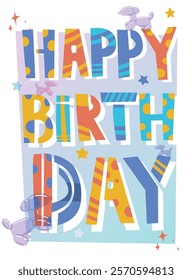 Festive Happy Birthday text with vibrant patterns, balloon animals, and decorative stars on a light background. Cheerful celebration illustration concept. Vector illustration.