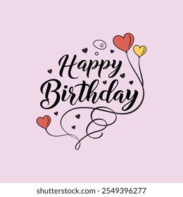 Festive "Happy Birthday" typography vector artwork adorned with colorful love hearts, perfect for celebration-themed designs and decor.