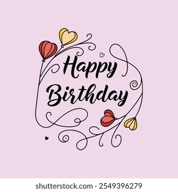 Festive "Happy Birthday" typography vector artwork adorned with colorful love hearts, perfect for celebration-themed designs and decor.