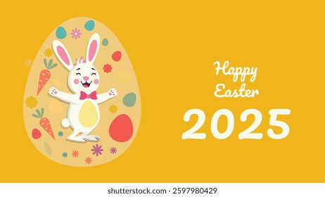 Festive Happy Easter 2025 Banner with Cute Bunny in Egg Shaped Spring, great for cards, banners, wallpapers, invitation, cover images. Cute Easter 2025 Greeting in Modern Style Design.