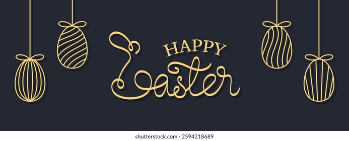 Festive "HAPPY EASTER" banner design with linear continuous bunny and line eggs in gold color on dark blue background