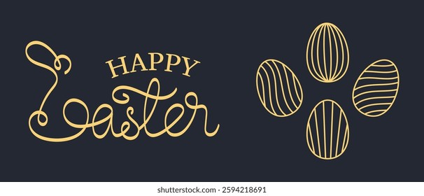 Festive "HAPPY EASTER" banner design with linear continuous bunny and line eggs in gold color on dark blue background