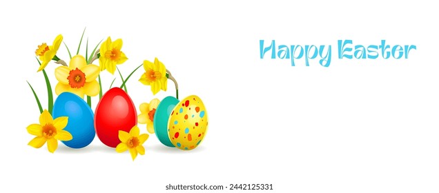 Festive Happy Easter banner. Trendy Easter bright design. Flowers, eggs isolated. Modern minimal style.