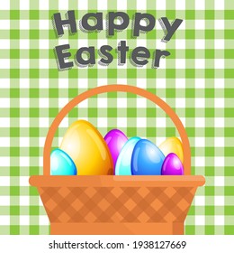 Festive Happy Easter basket full of different egges,greeting card. banner, flyer vector illustration with plaid background