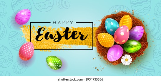 Festive Happy Easter Blue  horizontal banner.  Realistic 3d design elements. Spring holiday. Easter colored eggs in nest.  Promotion sale and shopping template for Easter. Blue background. Vector 