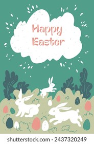 Festive Happy Easter card. Trendy Easter hand-drawn design. Flowers, cloud, shapes, eggs and bunnies in green colors. Modern minimal style. Original art doodles