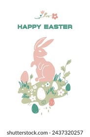 Festive Happy Easter card. Trendy Easter hand-drawn design. Flowers, shapes, eggs and bunny in pastel colors. Modern minimal style. Original art doodles