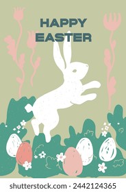Festive Happy Easter card. Trendy Easter hand-drawn design. Flowers, shapes, eggs and bunny in pastel colors. Modern minimal style. Original art doodles