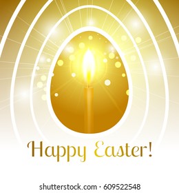 Festive Happy Easter greeting card with stylized Golden egg with a candle inside that emits light rays and bokeh particles and it's all inside a set of white egg contours
