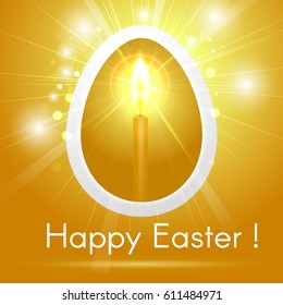Festive Happy Easter greeting card with stylized Golden egg with a candle inside that emits light rays and bokeh particles