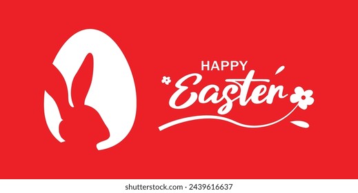 Saludo festivo de Pascua feliz, perfil de conejo blanco en contorno de huevo, fondo rojo y mensaje de Pascua feliz en letra cursiva.