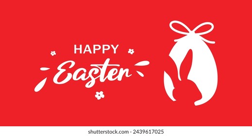 Festive Happy Easter greeting, white rabbit profile in egg outline, red background.