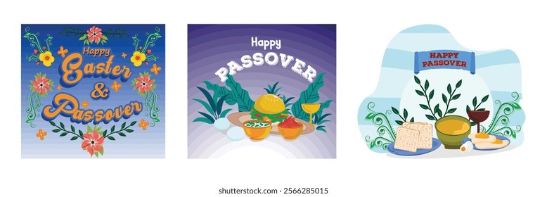 Festive Happy Easter and Passover. Decorative Seder Plates and festive food. Arrangement with Matzah, Simple Plate Wine Cup. Set flat vector modern illustration 